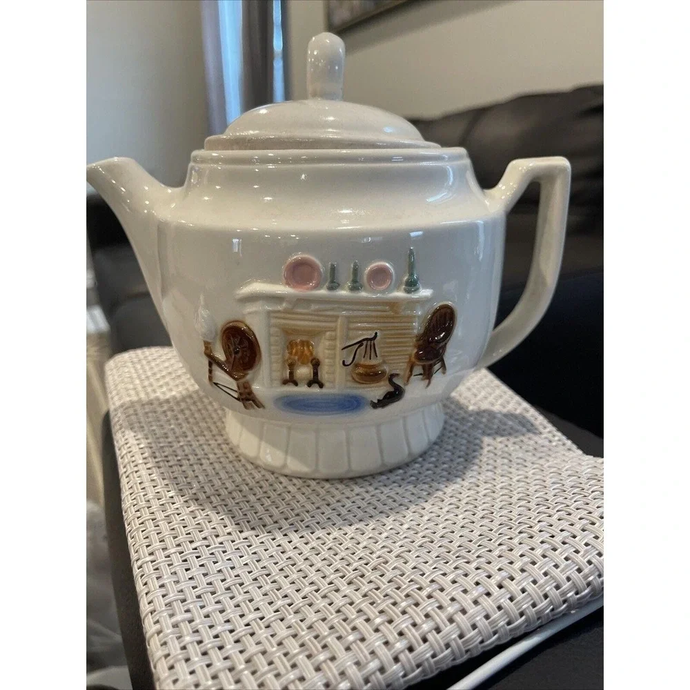 Vintage Hall China‎ Hearth Fireplace Teapot White Ceramic Spinning Wheel